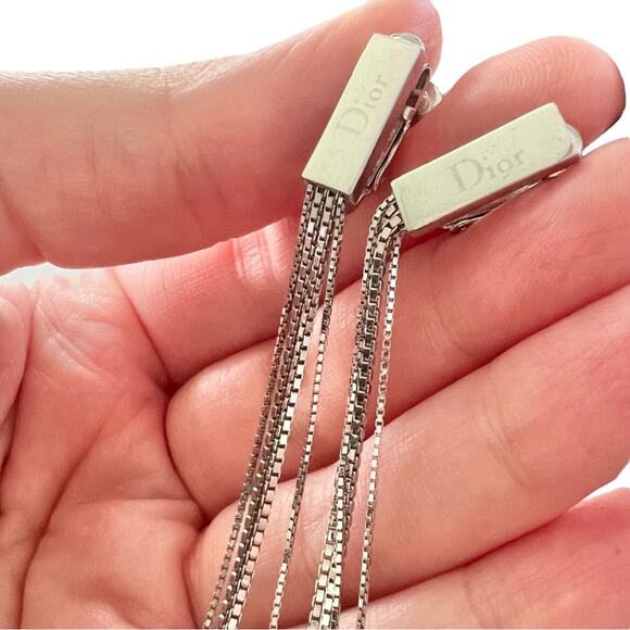 AUTH VTG Christian Dior Silver Long Chain D Charm Logo Fringe Tassel Earrings - Picture 13 of 15